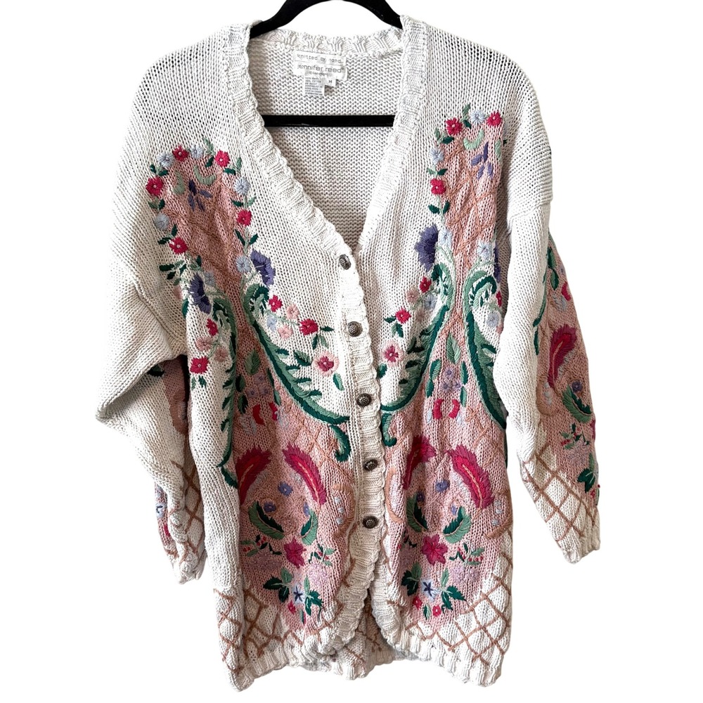 Jennifer Reed Vintage Knitted by Hand Floral Feminine Cardigan in Size M